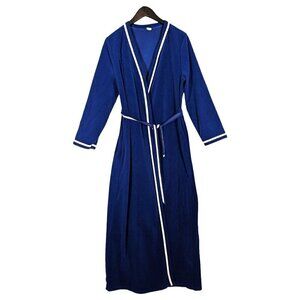 Vintage 1960s Full Length Dressing Gown Robe M Velour Belted Navy Piping USA